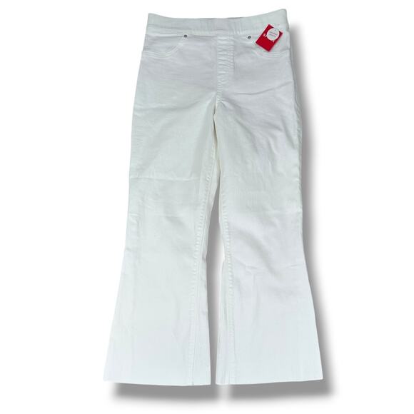 Spanx Cropped Flare Denim Jeans Womens Medium White Stretch Pull On Frayed New - Picture 1 of 12